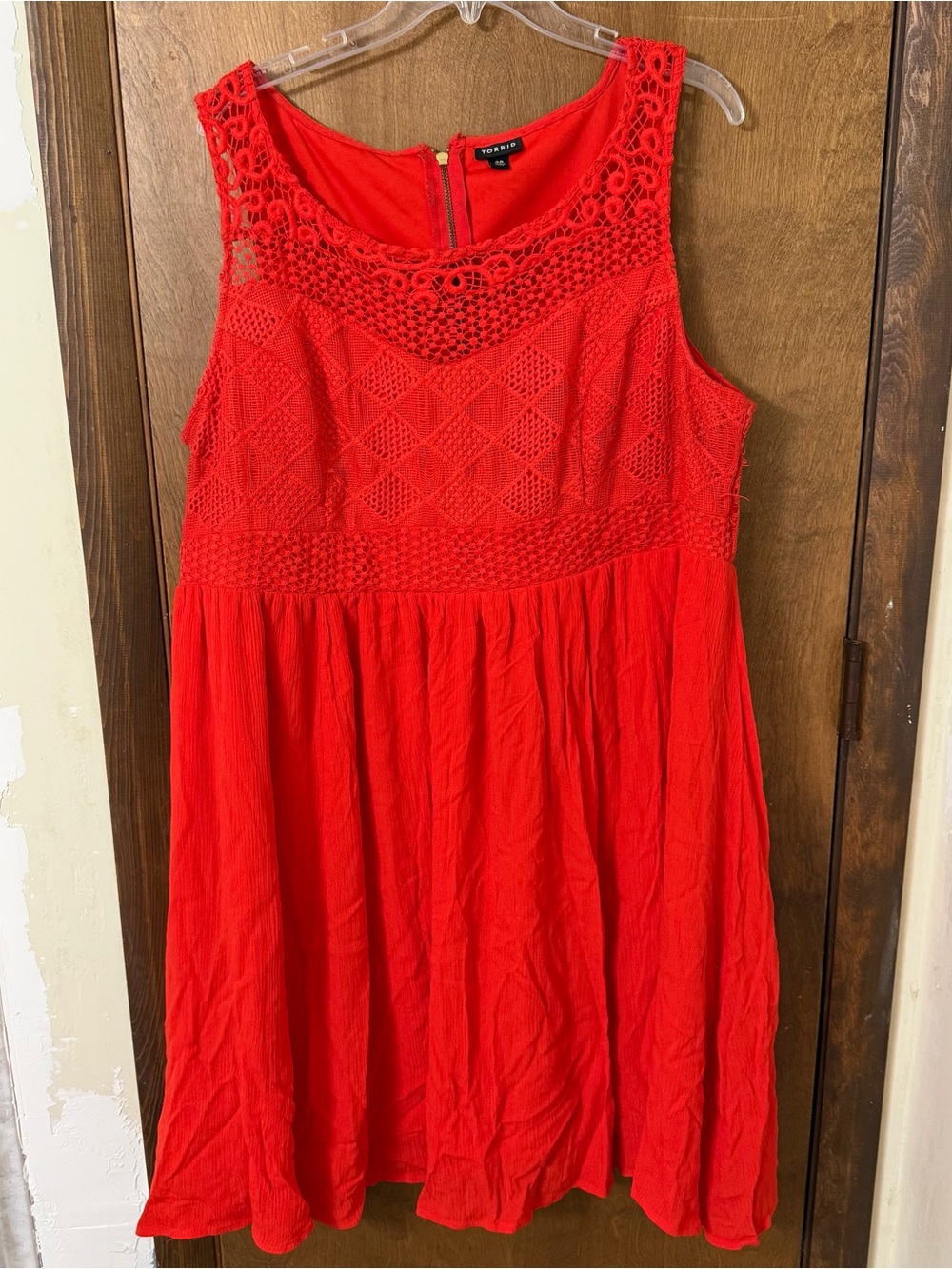 Torrid 20 Gauze Crochet Skater Dress. Color: Sunset Red.